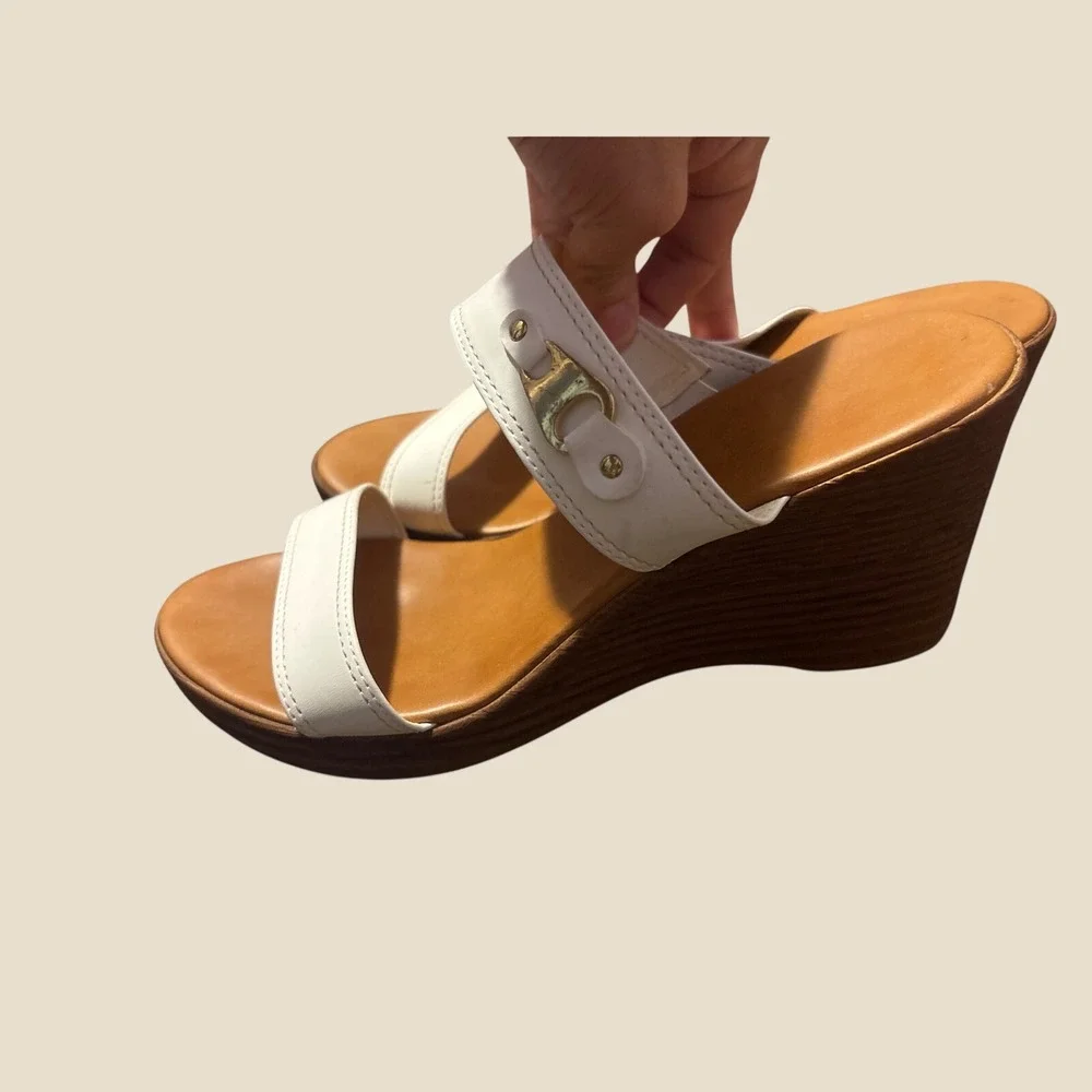 Sesto Meucci White Leather Wedge Sandals Gold Hardware Made in Italy Slides